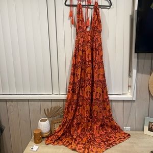 FREE PEOPLE; long coral halter dress, triangle top with tie bell straps, SZ MED